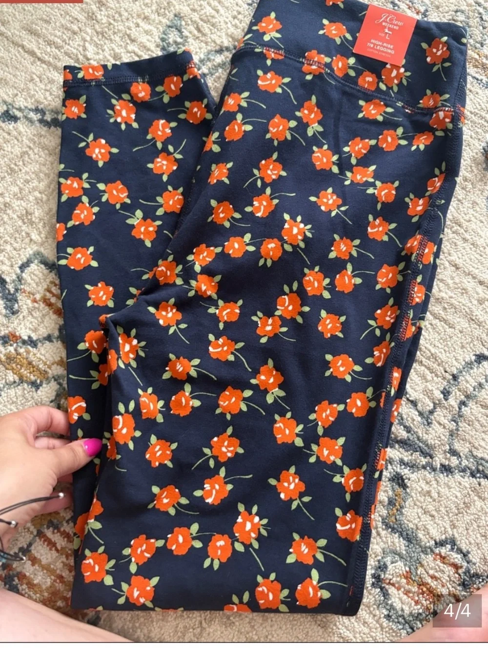 NWT, J.Crew Navy Floral Print Stretch Leggings Orange Flowers,Yoga,Soft, Size L